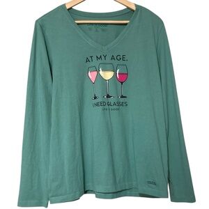 Life is Good "I Need Glasses" Wine Glass Graphic Tee - Granite  Green NEW